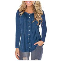 ✦HebeTop✦ Women Long Sleeve Round Neck Sweatshirt Pocket Pullover Loose Tunic Shirts Blouse Tops Blue