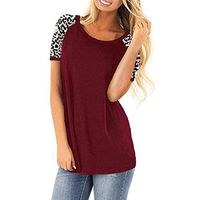Meikosks Women's Leopard Short Sleeve Patchwork T Shirt Round Neck Tops Color Block Blouses Wine