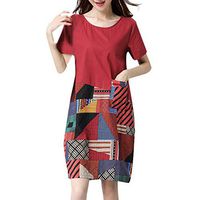 Vintage Summer Casual Cute Women Cotton Linen Short Sleeve Loose Midi Dress Red
