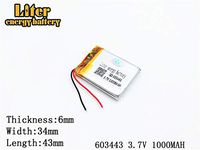 3.7V 1000mAh 603443 Lithium Polymer Ion Rechargeable Battery Lithium Polymer Li-Po Battery for MP4 GPS MP3 Bluetooth Stereo DIY Gift