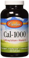 Carlson - Cal-1000, 1000 mg Calcium + Vitamin D3, Bone Support, Healthy Teeth & Calcium Absorption, 250 Softgels