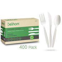 Delihom 100% Compostable Forks Spoons and Knives Biodegradable Utensils Set 400 Pieces (180 Forks / 120 Spoons / 100 Knives) Disposable Utensils Eco Friendly