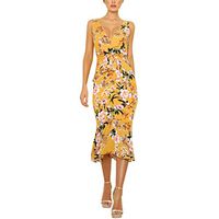 Woman Sexy Floral Print Spaghetti Strap Dresses Casual Deep V Neck Maxi Dresses Sleeveless Shoulder Beach Dresses (Yellow, Large)