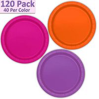 120 Paper Dessert Plates (7") - Orange, Neon Pink, Pretty Purple - 40 Per Color, 3 Colors - Great Assortment for Birthday Parties, Weddings, Holidays, Baby Shower, Celebrations, and more