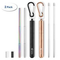 HomLujo 2 Pack Telescopic Metal Straws For Drinking -Its Reusable Portable Collapsible Straw of Stainless Steel with Black and Brown Travel Case, Silicone Tip, Cleaning Brush and Keychain