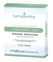 Simpurity Silver Alginate Fibergel AG Wound Dressing with Gelling Action, 2" X 2", Box of 10