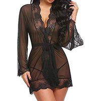 Haxikocty Women Sexy Lingerie Babydoll Sleepwear Underwear Lace Coat Briefs Nightwear Mesh Robe Black