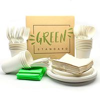 Eco Party Set 130 piece serves 16 biodegradable cutlery compostable plates eco friendly cups recycled napkins plant based tablecloths sustainable tableware non toxic biobased dinnerware