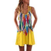 iLUGU Summer Casual African Dresses for Women Boho Print Cocktail Party Mini Dress Yellow