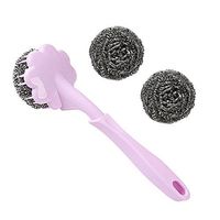 Kxtffeect Set of 1 Multipurpose Replaceable Plastic Handle and Stainless Steel Wire Scrubbers - Dish/Pot//Sink Brushes, 1 Handle and 2Pcs of Scouring/Cleaning Steel Wire Balls (Pink)