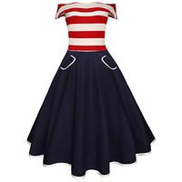 Fanteecy Womens Vintage American Flag Off Shoulder Fit and Flare Evening Party Prom Swing Midi Dress (S, Navy)