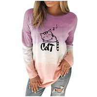 Sunhusing Women's Casual Round Neck Tie-Dyed Gradient Color Cat Letter Printed Pullover Tops Sweatshirt(Purple,M)