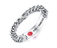 Mealguet Jewelry Type 1 DIABETES-12mm Stainless Steel Medical Alert ID Chain Bracelets for Men, 8.2"/Deep Black Engraving