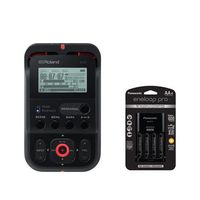 Roland R-07 Portable High-Resolution Audio Recorder - Black - with Panasonic Charger with 4 Pro Eneloop AA Size Batteries
