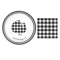 Disposable Fall Paper Plates and Luncheon Napkins, Set of 16-10 1/2 Inch Plates and 32 Napkins (Black & White Check)