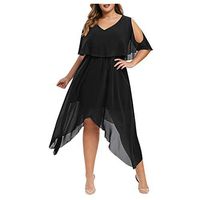 Sunhusing Women's Casual V-Neck Solid Color Cold-Shoulder Short Sleeve Irregular Ruffled Hem Chiffon Dress(Black,XL)
