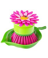 Vigar Flower Power Pink Palm Dish Brush With Holder, 5-3/4-Inches by 3-3/4-Inches, Pink, Green