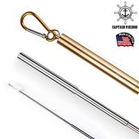 Reusable Collapsible Straw, 9.25” Tight Seals Stainless Steel Telescopic Travel Straw with Portable Aluminum Case & Cleaning Brush, Pefect for 12oz/20oz/30oz Cups (Silver Straw with Rose Gold Case)