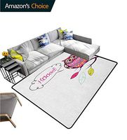 YucouHome Owl Geometric Door Mats Area Rug, Ornate Colorful Owl on The Branch Observing Flat Face Myst Animal Artsy Image, Fashionable High Class Living Bedroom Rugs(6'x 9') Pink Purple White