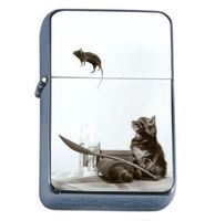 Cat And Mouse On Catapult Windproof Refillable Flip Top Oil Lighter with Tin Gift Box D-388