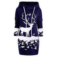 Coupondeal Womens Christmas Monochrome Reindeer Printed Hooded Drawstring Mini Dress(Navy,XL)