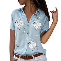 Meikosks Womens V-Neck Short Sleeve Blouse Floral Print Shirt Loose Plus Size Tunic Summer Tops Light Blue
