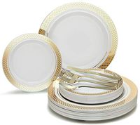 " OCCASIONS" 150pcs set (25 Guests)-Wedding Plastic Plates & cutlery -Disposable heavyweight Dinnerware 10.5'', 7.5'' + Silverware w/double fork (Celebration White & Gold)