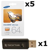5 PACK - Samsung 64GB MicroSD XC Evo Class 10 UHS-1 TF MicroSDHC TransFlash High Speed Memory Card MB-MP64D 64G 64 GB GIGS (M.E64V.RTx5.550) LOT OF 5 with USB SoCal Trade© SCT Dual Slot MicroSD & SD Memory Card Reader - Retail Packaging
