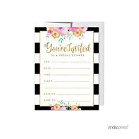 Andaz Press Floral Gold Glitter Print Wedding Collection, Blank Bridal Shower Invitations with Envelopes, 20-Pack