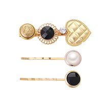 HNTDG INS Women's Gold Minimalism Girl Pearl Three-piece Diamond Hairpin Hair Accessories Gift Set
