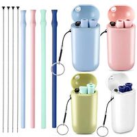 Reusable Silicone Collapsible Straws - 4 Pack Portable Drinking Straw with Carrying Case and Cleaning Brush, BPA Free - Blue & PINK (Blue&Pink&Green&Dark Blue)