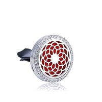 Anavia 1.18" Dia Car Aromatherapy Essential Oil Diffuser Vent Clip 316L Stainless Steel Silver Plated Locket Air Freshener with 12 Refill Pads and Box (Blooming Lotus with Rhinestone)