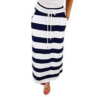 JQjian Womens Summer Hight Waist Stripe Print Hight Waist Maxi Long Skirt (M, Dark Blue)