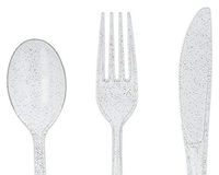 150 Silver Plastic Silverware Disposable Set by EclipseShine – Plastic Cutlery Set–Party Supplies –Clear Glitter Utensils –Heavy Duty Reusable Tableware –50 Spoons, 50 Forks, 50 Knives –Flatware