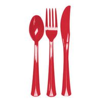 Party Essentials Extra Heavy Duty Hard Plastic Cutlery Combo Pack and Full Size Knives/Forks/Spoons, Red, 8 Place Setting-Count