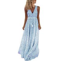 SADUORHAPPY Summer Sleeveless Dot Print Maxi Dress for Women Tassels Deep V Neck Long Beach Dress Blue