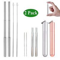 2 pieces of portable stainless steel telescopic straw for travel reusable straws with 2 brushes and 2 aluminum suitcases (silver + rose gold)
