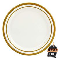 Pack of 100 Gold Rim Disposable Paper Plates, Round 9", Everyday Party Supplies for Appetizer, Lunch, Dinner, or Dessert