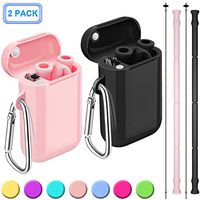 Henva 2 Pack Reusable Collapsible Straws for Kids Adult, BPA Free and Food-Grade Silicone Drinking Straws with Portable Case and Cleaning Brush for Juice, Coffee and Smoothie, Black/Pink