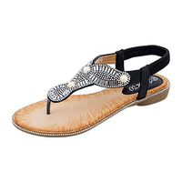 Cenglings Women Plus Size Clip Toe T-Strap Bohemian Rhinestone Flat Shoes Casual Bead Slingback Sandals Beach Party Dress Shoes(Black,39)