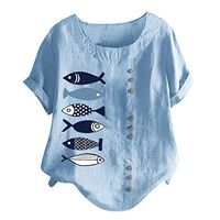 Amlaiworld Women Casual Plus Size Blouse Summer O-Neck Printed T Shirt Loose Button Tunic Shirt Tops Blue