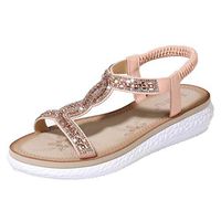 Cenglings Sandals,Women Plus Size Open Toe Tstrap Crystal Casual Flat Shoes Slip On Elastic Band Bohemian Beach Shoes Party Sandals(Pink,37)