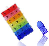 Easy Open 7 Day Travel Pill Organizer Box Weekly Case, Prescription & Medication, Vitamin Organizer, Rainbow Reminder Daily (with Tablet Cutter)