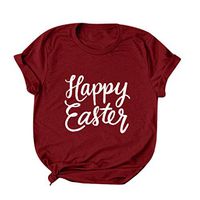 Eoeth Happy Easter Lettrer Print T-Shirts,Women Casual Simple Round Neck Short Sleeved Top Blouse Tracksuits Pullover Tee Wine