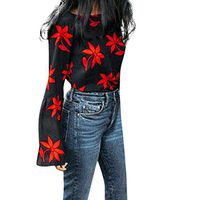 Gocheaper Fashion Women O-Neck Floral Printed Flare Sleeve Casual Blouse Sweater Tops(Black,M)