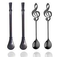 Yerba Mate Bombilla Drinking Filter Straws Set,2 Pcs Stainless Steel Straws Straw Loose Leaf Tea Infuser with 2 Pcs Music Spoons, Filter Stirring Straws