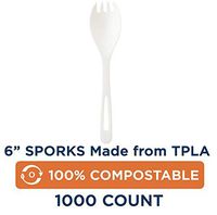 Compostable Sporks by World Centric, Made from TPLA, 100% Compostable, 6" Sporks, White, Take Out Cutlery (Pack of 1000), RK-PS-B