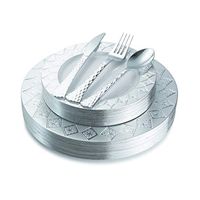 100 Piece Silver & White Disposable Plastic Plates & Plastic silverware Set Heavyweight Place Setting | Service For 20 Guests Includes 20 Dinner Plates 20 Dessert Plates 20 Forks 20 Spoons 20 Knives