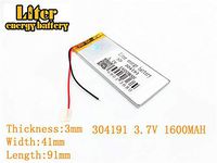 3.7V 1600mAh 304191 Lithium Polymer Ion Rechargeable Battery Lithium Polymer Li-Po Battery for MP4 GPS MP3 Bluetooth Stereo DIY Gift
