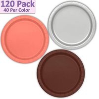 120 Paper Dessert Plates (7") - Silver, Coral, Brown - 40 Per Color, 3 Colors - Great Assortment for Birthday Parties, Weddings, Holidays, Baby Shower, Celebrations, and more